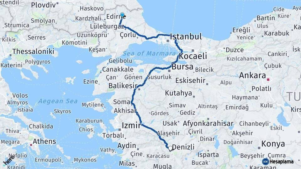 Kırklareli Denizli Arası Kaç Km - Yol Haritası