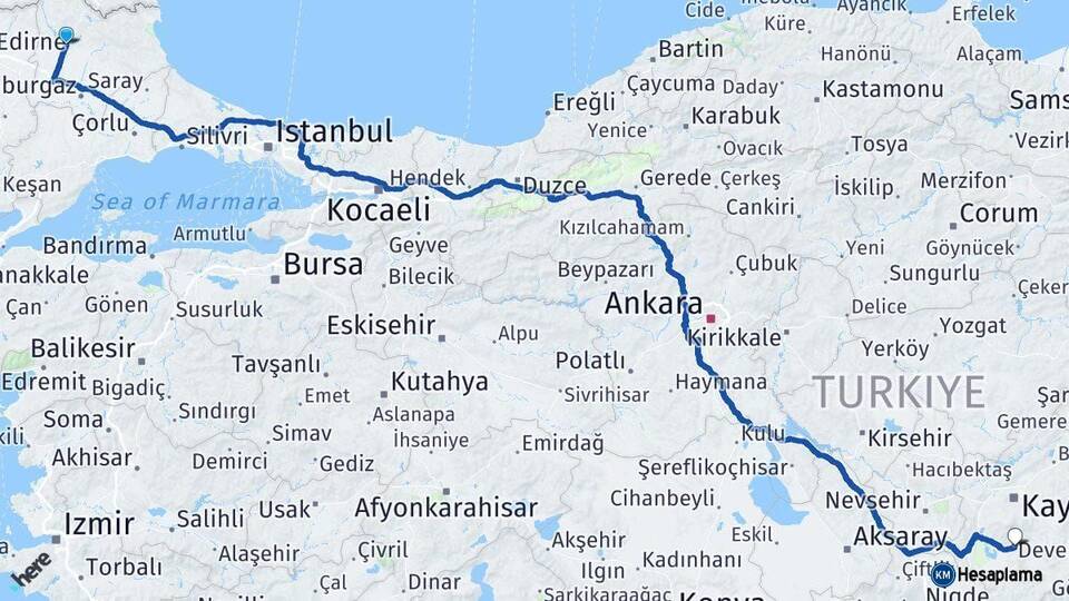 Kırklareli Develi Kayseri Arası Kaç Km - Yol Haritası