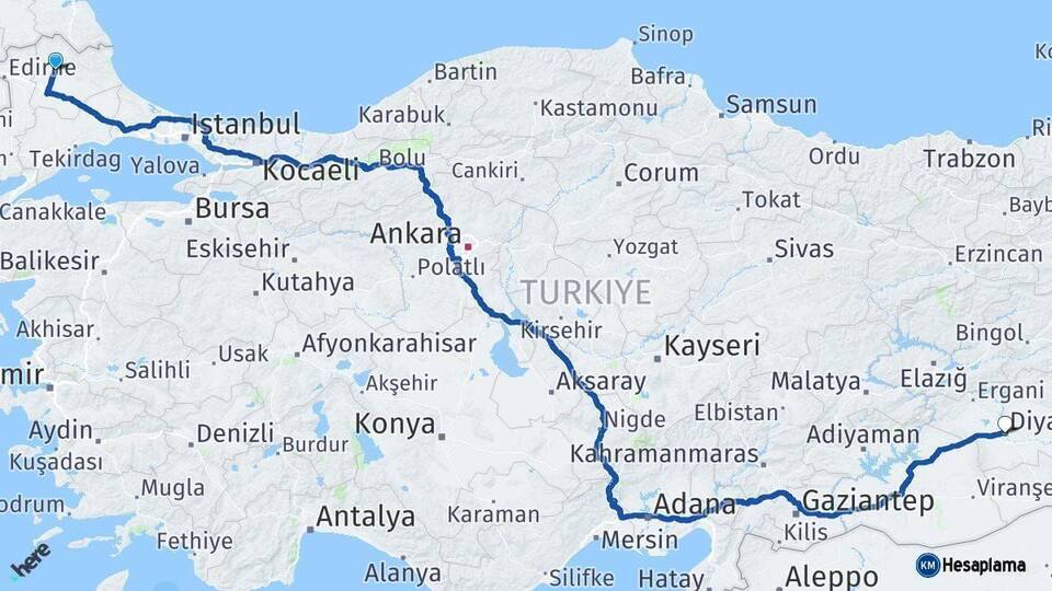 Kırklareli Diyarbakır Arası Kaç Km - Yol Haritası