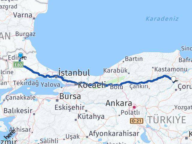 Kırklareli Dodurga Çorum Arası Kaç Km - Yol Haritası