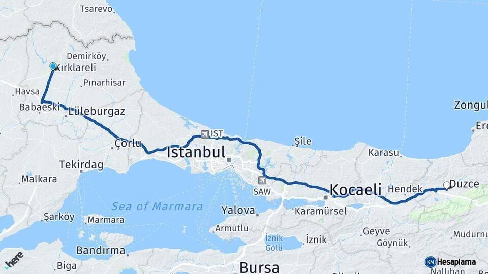 Kırklareli Düzce Arası Kaç Km - Yol Haritası