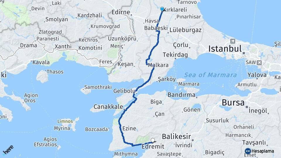 Kırklareli Edremit Balıkesir Arası Kaç Km - Yol Haritası