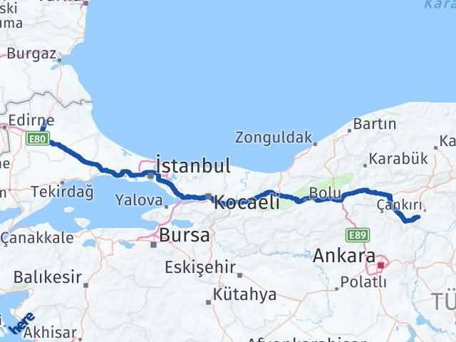 Kırklareli Eldivan Çankırı Arası Kaç Km - Yol Haritası