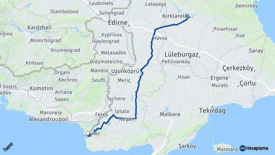 Kırklareli Enez Edirne Arası Kaç Km - Yol Haritası