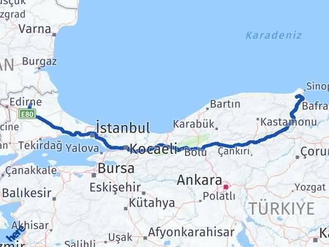 Kırklareli Erfelek Sinop Arası Kaç Km - Yol Haritası