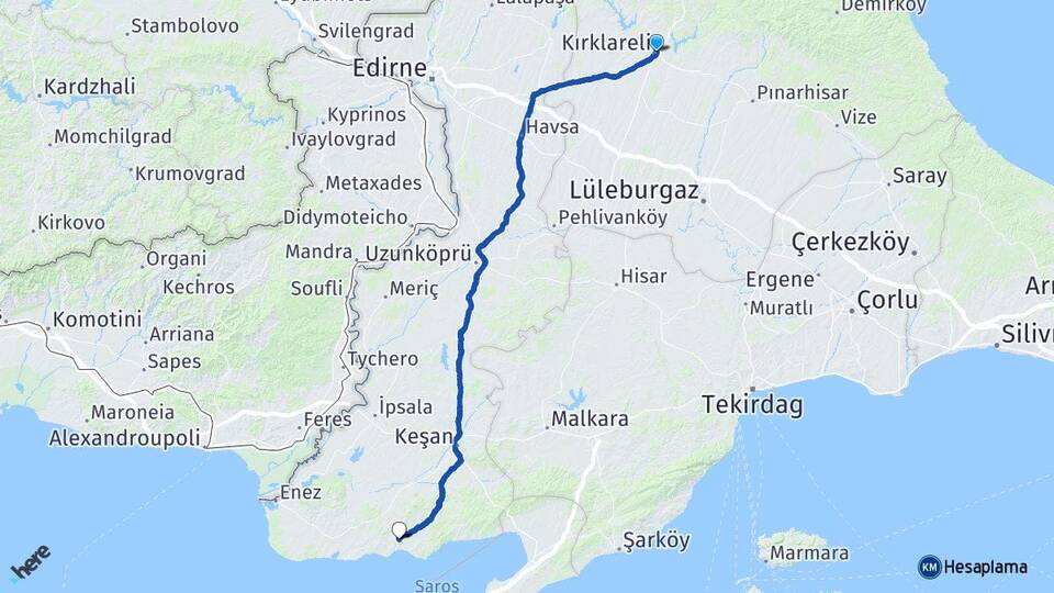 Kırklareli Erikli Keşan Edirne Arası Kaç Km - Yol Haritası