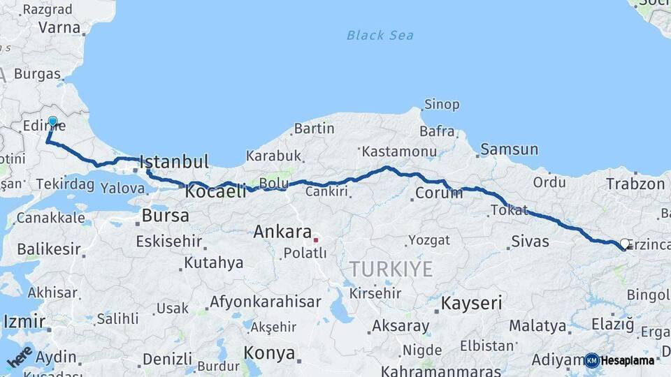 Kırklareli Erzincan Arası Kaç Km - Yol Haritası