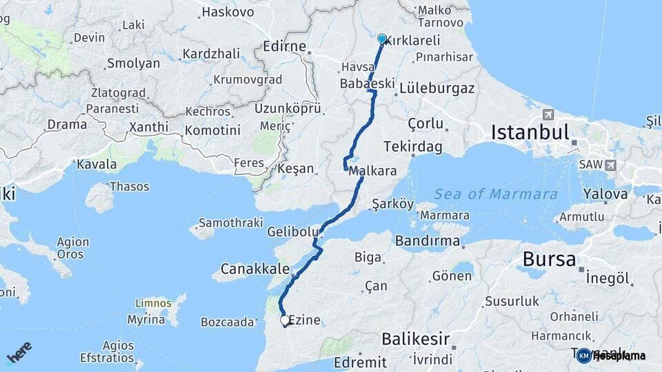 Kırklareli Ezine Çanakkale Arası Kaç Km - Yol Haritası