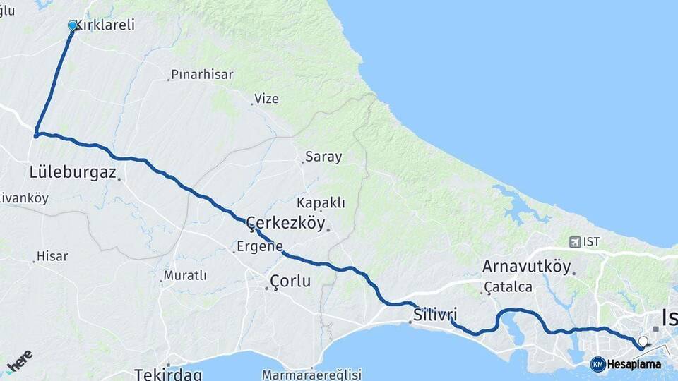 Kırklareli Fatih İstanbul Arası Kaç Km - Yol Haritası