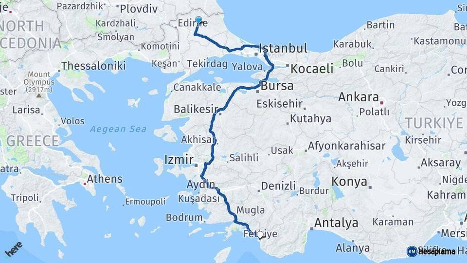 Kırklareli Fethiye Muğla Arası Kaç Km - Yol Haritası