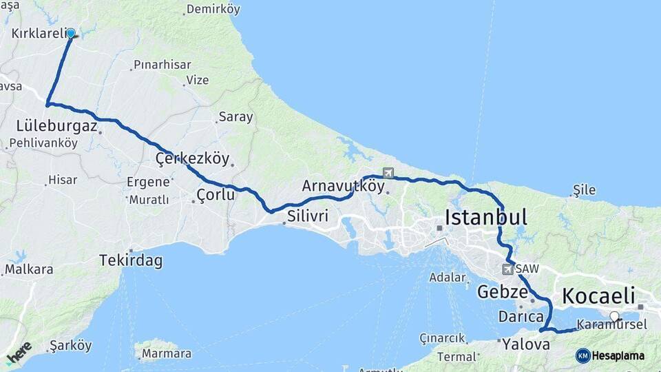 Kırklareli Gölcük Kocaeli Arası Kaç Km - Yol Haritası
