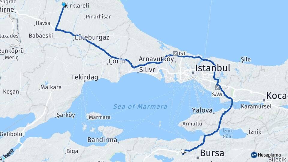Kırklareli Görükle Nilüfer Bursa Arası Kaç Km - Yol Haritası