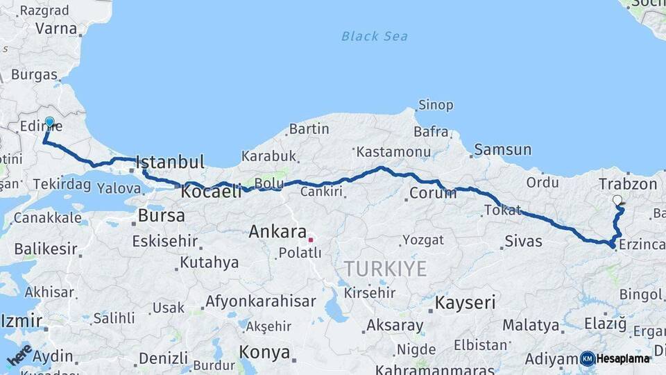 Kırklareli Gümüşhane Arası Kaç Km - Yol Haritası