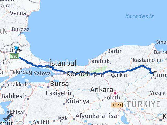 Kırklareli Hamamözü Amasya Arası Kaç Km - Yol Haritası