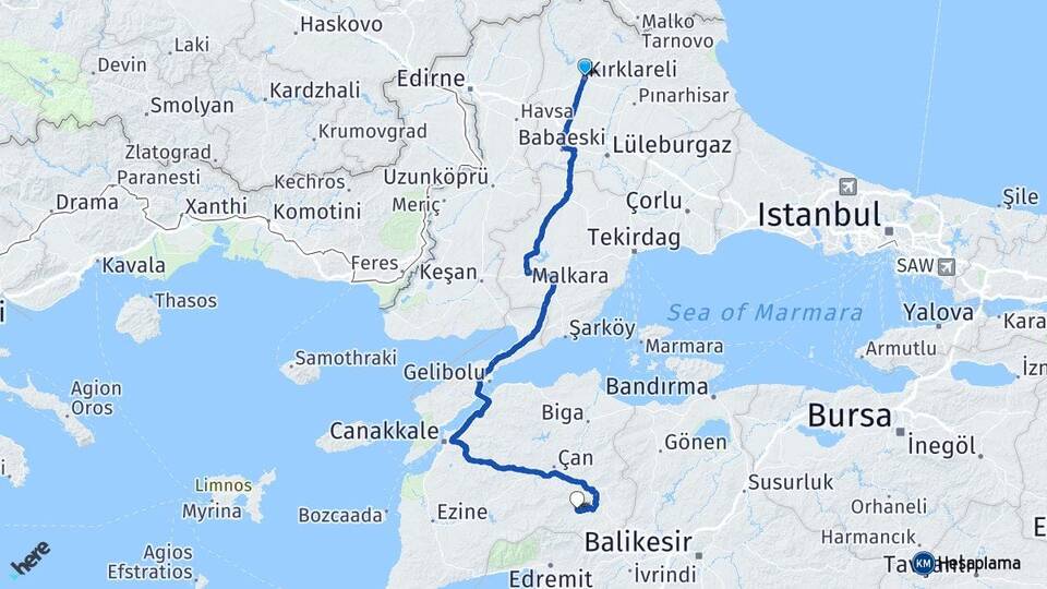 Kırklareli Hıdırlar Yenice Çanakkale Arası Kaç Km - Yol Haritası