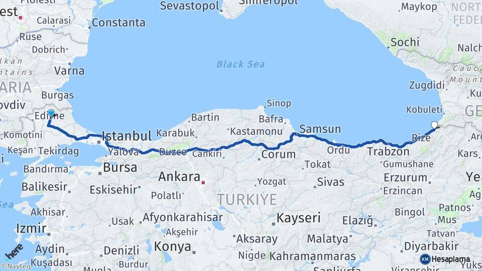 Kırklareli Hopa Artvin Arası Kaç Km - Yol Haritası