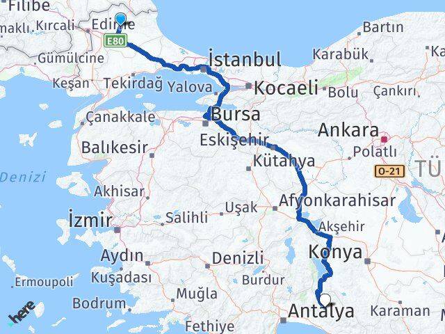 Kırklareli İbradı Antalya Arası Kaç Km - Yol Haritası