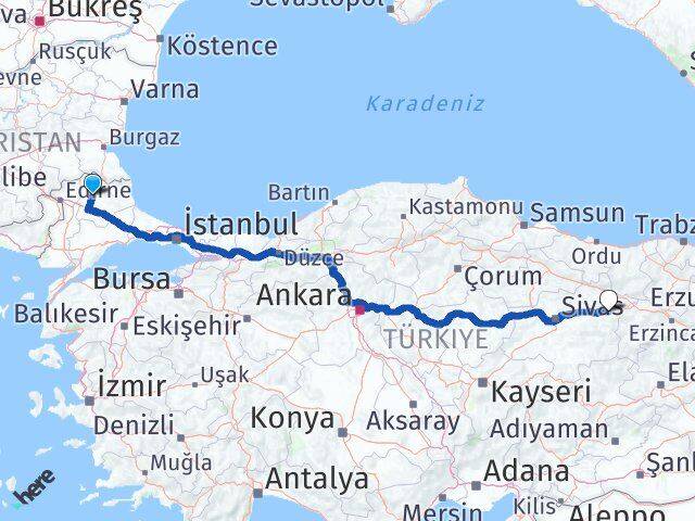 Kırklareli İmranlı Sivas Arası Kaç Km - Yol Haritası