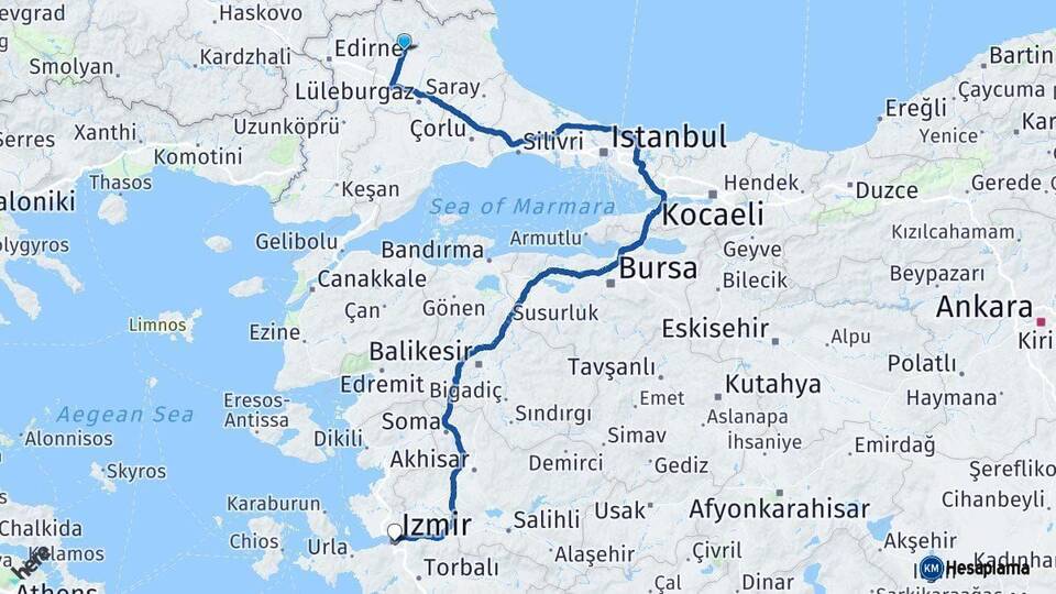 Kırklareli İzmir Arası Kaç Km - Yol Haritası
