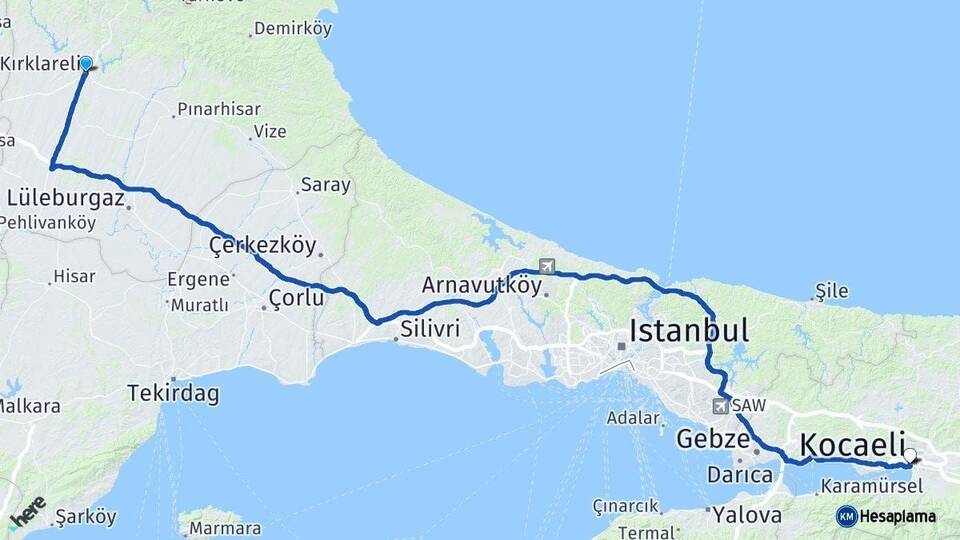 Kırklareli İzmit Kocaeli Arası Kaç Km - Yol Haritası