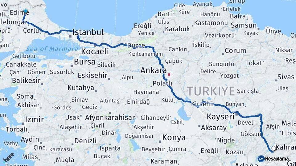 Kırklareli Kahramanmaraş Arası Kaç Km - Yol Haritası