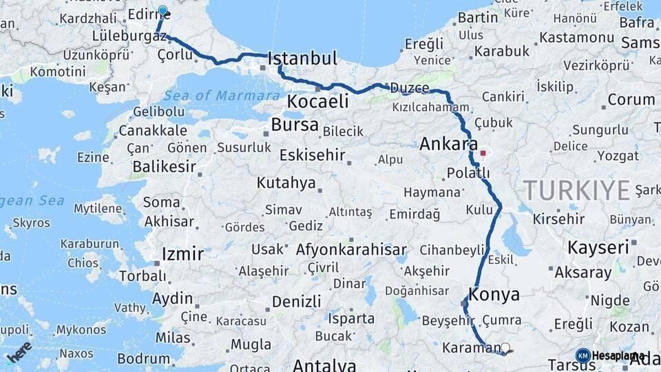 Kırklareli Karaman Arası Kaç Km - Yol Haritası