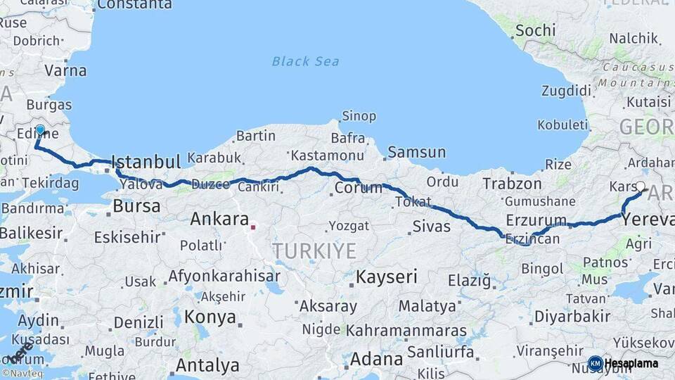 Kırklareli Kars Arası Kaç Km - Yol Haritası