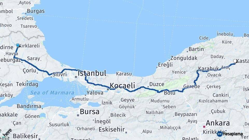 Kırklareli Kastamonu Arası Kaç Km - Yol Haritası