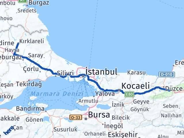 Kırklareli Kaynaşlı Düzce Arası Kaç Km - Yol Haritası