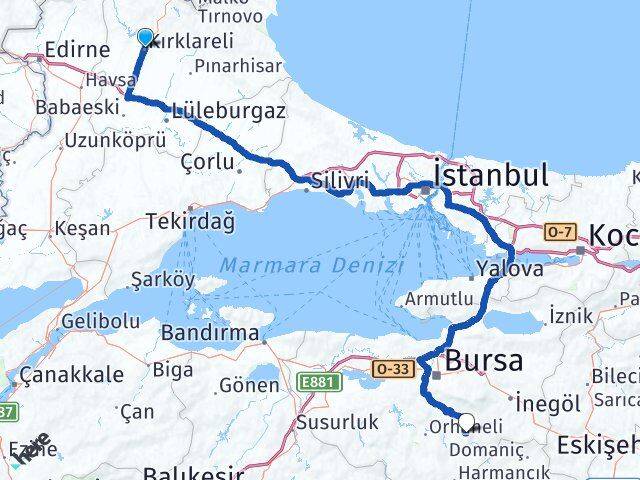 Kırklareli Keles Bursa Arası Kaç Km - Yol Haritası