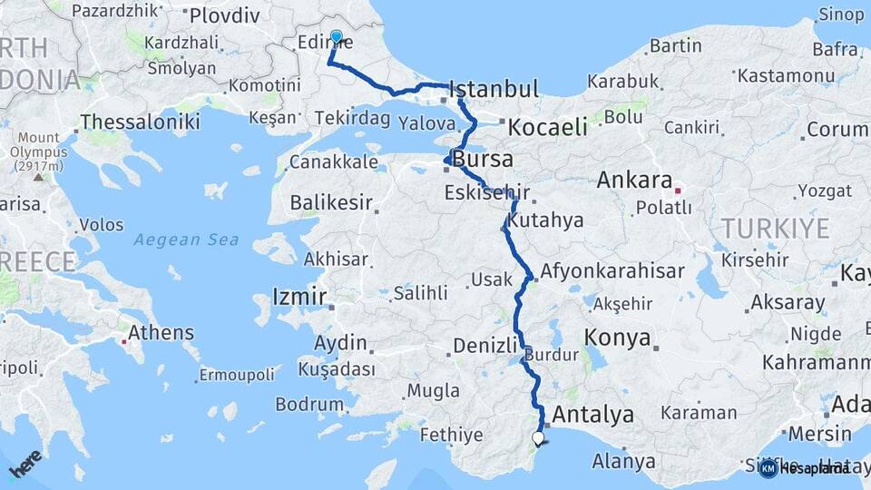 Kırklareli Kemer Antalya Arası Kaç Km - Yol Haritası