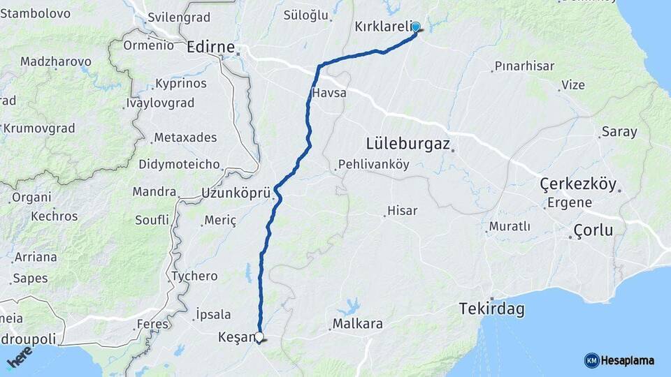 Kırklareli Keşan Edirne Arası Kaç Km - Yol Haritası