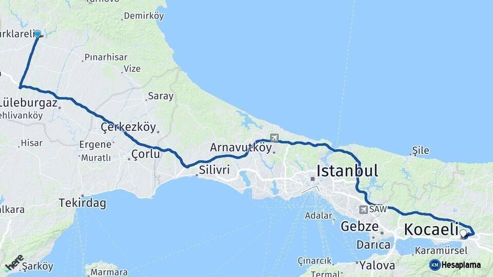 Kırklareli Kocaeli Arası Kaç Km - Yol Haritası
