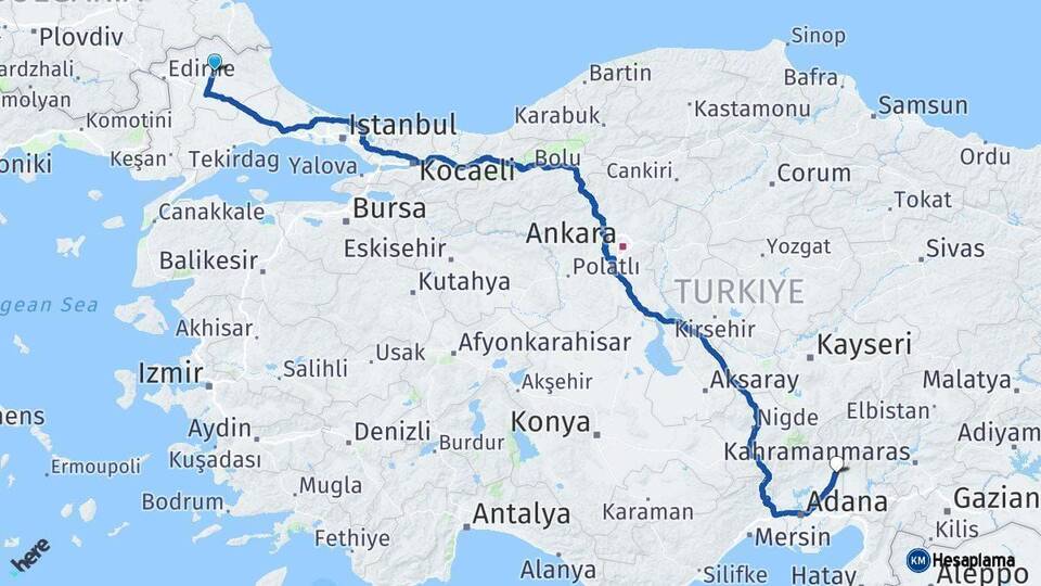 Kırklareli Kozan Adana Arası Kaç Km - Yol Haritası