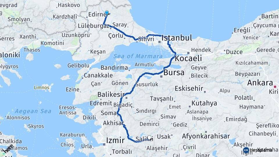Kırklareli Kula Manisa Arası Kaç Km - Yol Haritası