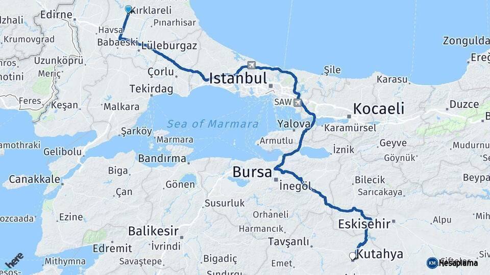 Kırklareli Kütahya Arası Kaç Km - Yol Haritası