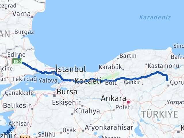 Kırklareli Laçin Çorum Arası Kaç Km - Yol Haritası