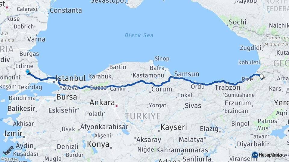 Kırklareli Lüleburgaz Artvin Arası Kaç Km - Yol Haritası