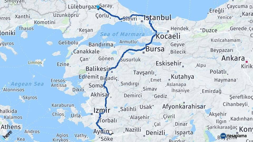 Kırklareli Lüleburgaz Aydın Arası Kaç Km - Yol Haritası
