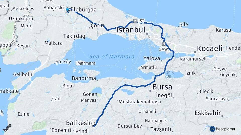 Kırklareli Lüleburgaz Balıkesir Arası Kaç Km - Yol Haritası