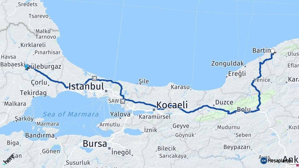 Kırklareli Lüleburgaz Bartın Arası Kaç Km - Yol Haritası