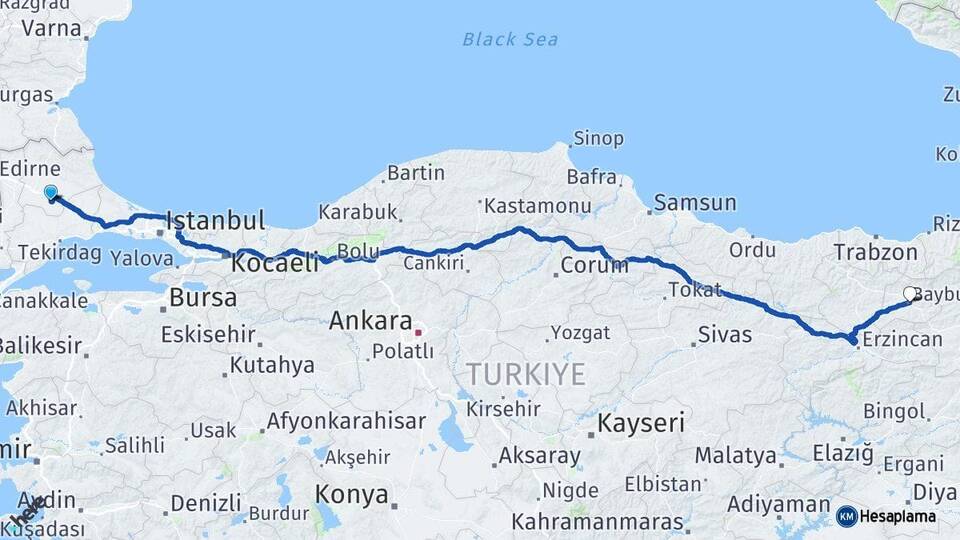 Kırklareli Lüleburgaz Bayburt Arası Kaç Km - Yol Haritası