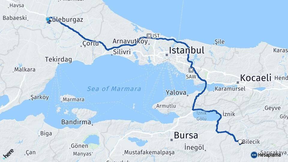 Kırklareli Lüleburgaz Bilecik Arası Kaç Km - Yol Haritası