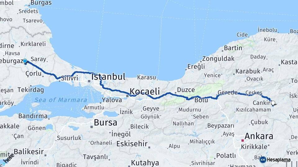 Kırklareli Lüleburgaz Çankırı Arası Kaç Km - Yol Haritası