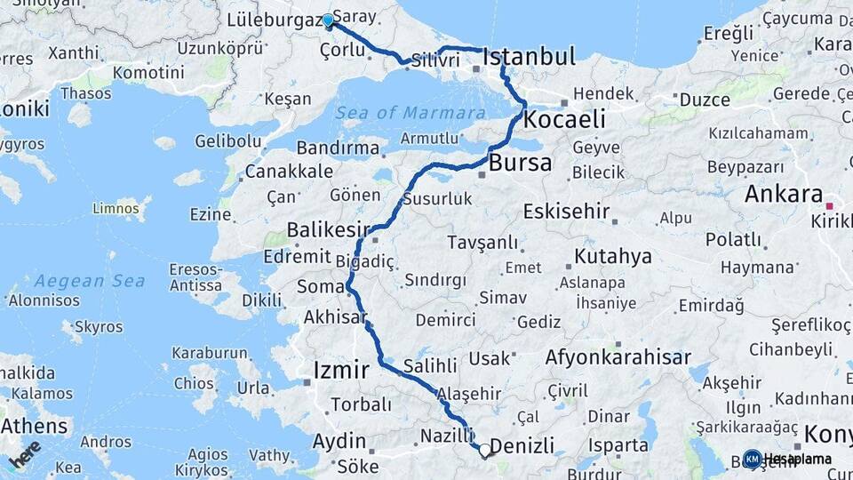 Kırklareli Lüleburgaz Denizli Arası Kaç Km - Yol Haritası