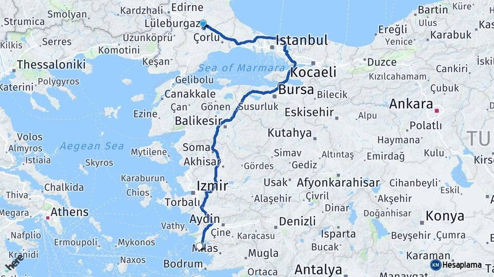 Kırklareli Lüleburgaz Didim Aydın Arası Kaç Km - Yol Haritası