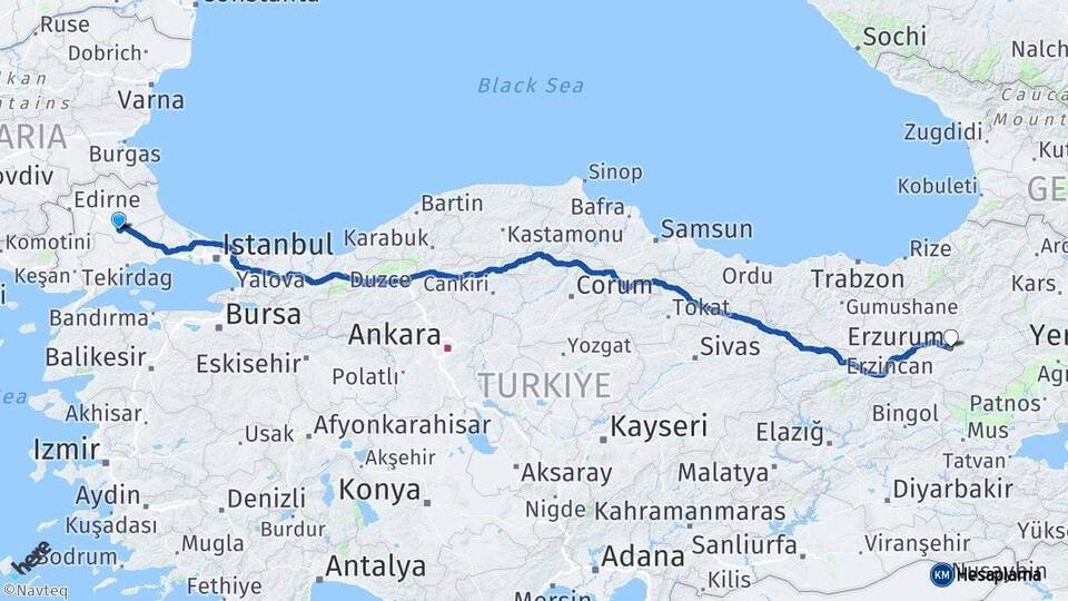 Kırklareli Lüleburgaz Erzurum Arası Kaç Km - Yol Haritası