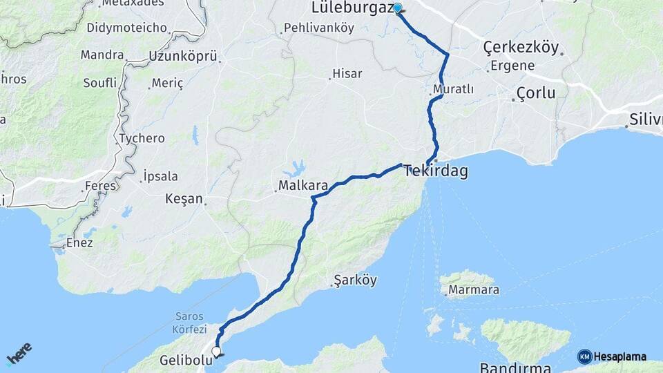 Kırklareli Lüleburgaz Gelibolu Çanakkale Arası Kaç Km - Yol Haritası