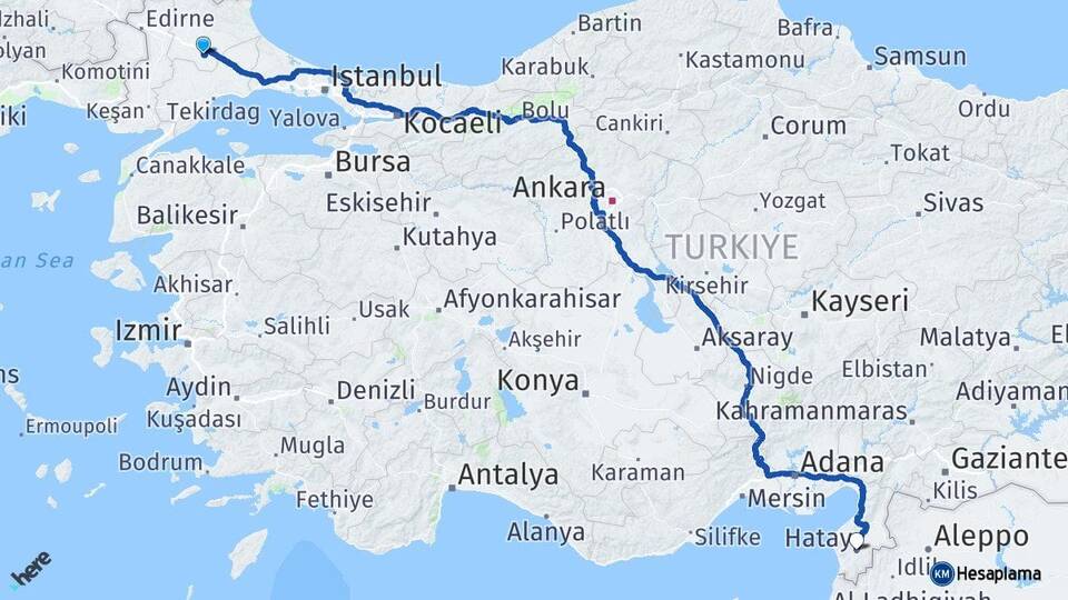 Kırklareli Lüleburgaz Hatay Arası Kaç Km - Yol Haritası