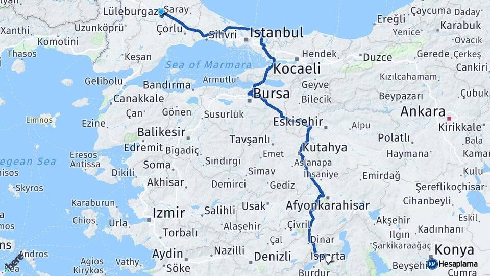 Kırklareli Lüleburgaz Isparta Arası Kaç Km - Yol Haritası